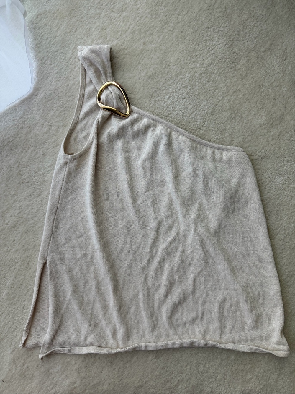 Zara One-Shoulder Cream Knit Top with Gold Accent